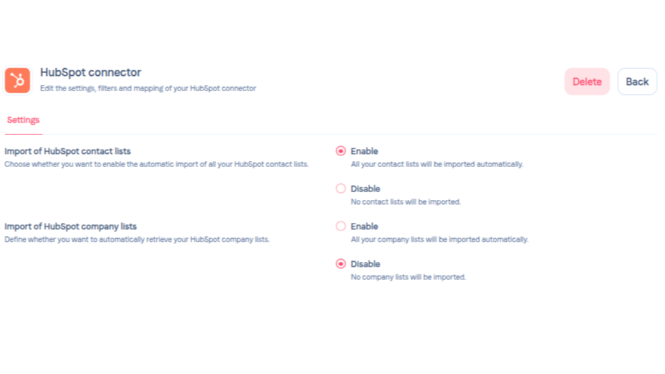 Settings HubSpot Lists