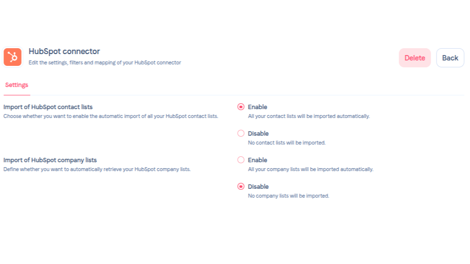 Settings HubSpot Lists